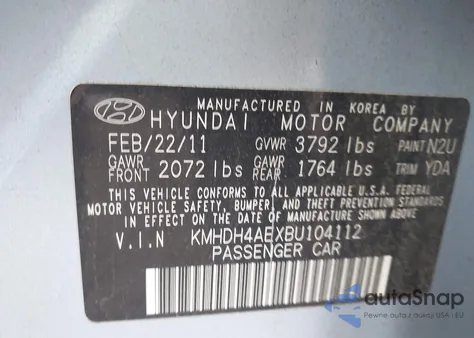 2011 Hyundai Elantra Gls (Ulsan Plant) z USA, uszkodzony, nr VIN KMHDH4AEXBU104112